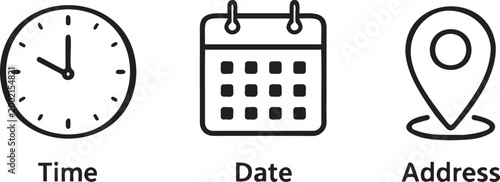 Simple line art icons representing time, date, and location as conceptual elements in motion, perfect for informational video clips and presentations