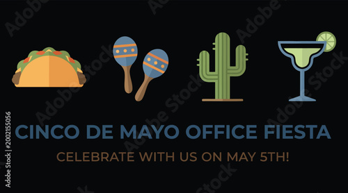 Cinco de Mayo Office Fiesta invitation banner, Mexican holiday celebration vector with taco and margarita, corporate party event graphic