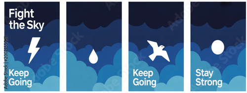 Motivational Poster Set with Sky Clouds Lightning Bird Moon and Inspirational Typography for Modern Wall Art Collection Design