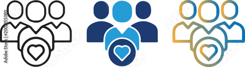 Professional set of people community heart icons. Vector group of users with love symbol for team building, nonprofit charity and social care unity.