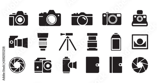 Professional photography equipment icons including various camera types lenses and optical components.