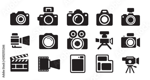 Detailed camera and film production icons for professional editing and digital multimedia design projects.