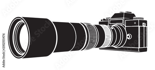 Professional dslr camera with long telephoto zoom lens silhouette isolated on white for photography design.