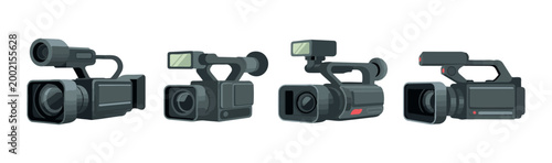 Modern professional video camera camcorder set for television production and cinema broadcasting equipment.