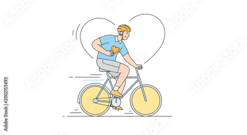 Healthy adult male enjoys a pleasant cycling ride with a heart symbol overhead representing his passion for active living and outdoor recreation promoting wellness and a joyful lifestyle