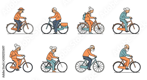 Diverse group of elderly individuals enjoys recreational cycling activities outdoors depicting active senior citizens participating in healthy lifestyle pursuits on bicycles during daytime