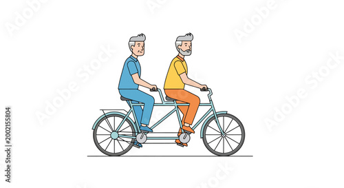 Two active older gentlemen enjoying a leisurely ride together on a tandem bicycle symbolizing companionship and healthy aging creating a cheerful visual for recreation and shared outdoor