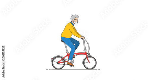 An elderly man with a beard enjoys a pleasant ride on a bright red foldable bicycle demonstrating active senior living and utilizing compact transportation for recreation and everyday movement