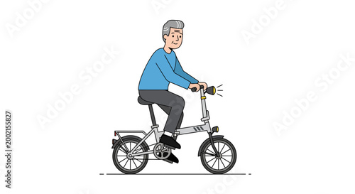 Elderly man enjoying a ride on a compact folding bicycle with a lit headlamp depicting active senior lifestyle and recreational cycling activities suited for urban commuting and leisure travel