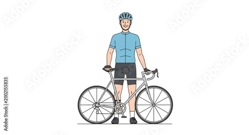 A cheerful man wearing cycling apparel and helmet stands next to his bicycle ready for a ride on open roads or trails depicting active lifestyle and outdoor sport enthusiast enjoying healthy