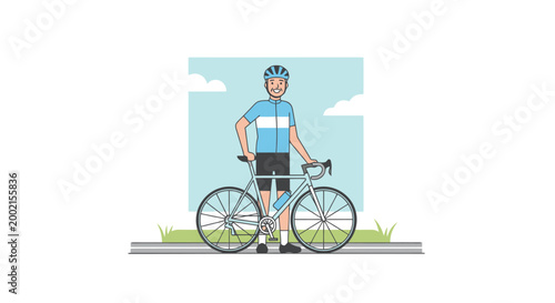 Active male cyclist wearing cycling apparel stands proudly next to his road bicycle outdoors enjoying a recreational ride on a sunny day with fluffy clouds in the sky and green grass lining the