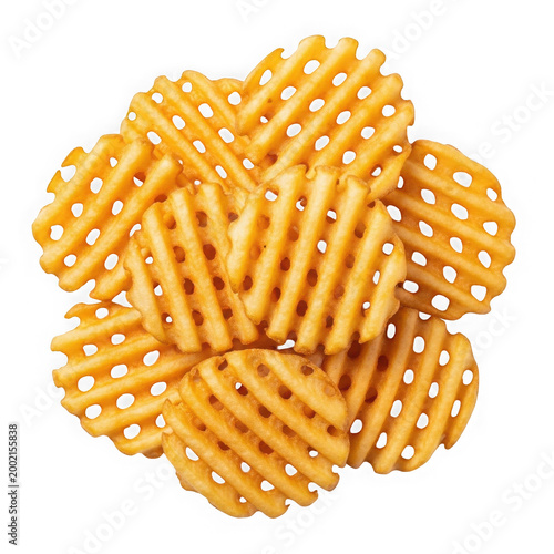 Pile of golden waffle fries with fast food junk food potato wedges side dish fried food photography potato slices potato snack deep fried as transparent cutout