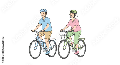 Couple enjoying a recreational bike ride together on bicycles wearing protective helmets for outdoor activity and healthy lifestyle on a bright day