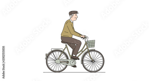 Elderly man enjoying a leisurely ride on a classic bicycle pedaling along a path with a basket for carrying items promoting healthy aging and outdoor recreational activities in a charming