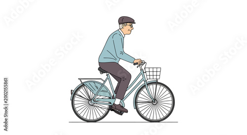 A cheerful elderly gentleman wearing a cap enjoys a leisurely bicycle ride on a sunny day pedaling his vintage bike equipped with a basket for carrying personal items and shopping This scene