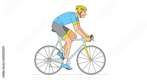 An athletic individual with a helmet and cycling attire races forward on a light blue bicycle pedaling with determination to achieve their athletic goals showcasing a healthy active lifestyle