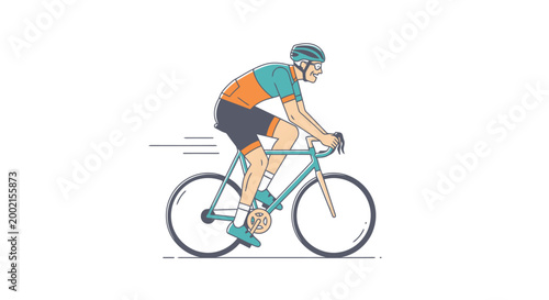 Fit male cyclist wearing helmet and athletic apparel pedals bicycle with focus on healthy outdoor recreation and active lifestyle pursuits emphasizing journey and forward motion