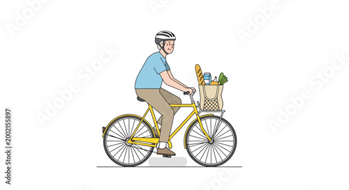 A man wearing a helmet rides a yellow bicycle with a basket full of groceries on the front enjoying an outdoor activity and a healthy lifestyle perfect for conveying themes of transportation and