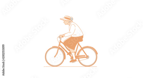 Elderly person enjoys a leisurely bicycle ride wearing a hat and casual clothing depicting activity and lifestyle during pleasant weather showing a person outdoors engaged in a healthy