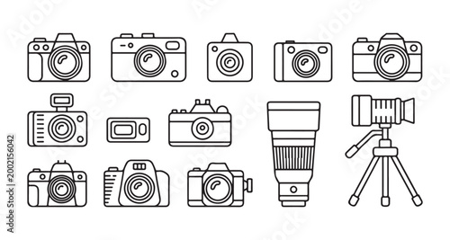 Collection of outlined camera icons, including various models, a large lens, and a tripod.
