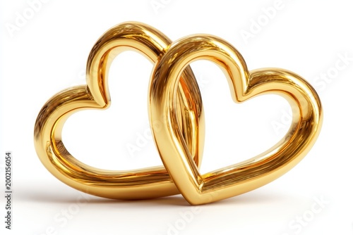 two intertwined golden hearts symbolizing love and romance isolated on white background