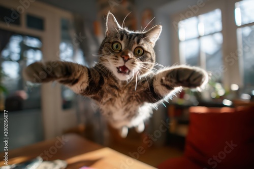 a surprised tabby cat jumping in mid-air with a shocked expression in a bright living room with sunlight streaming through windows