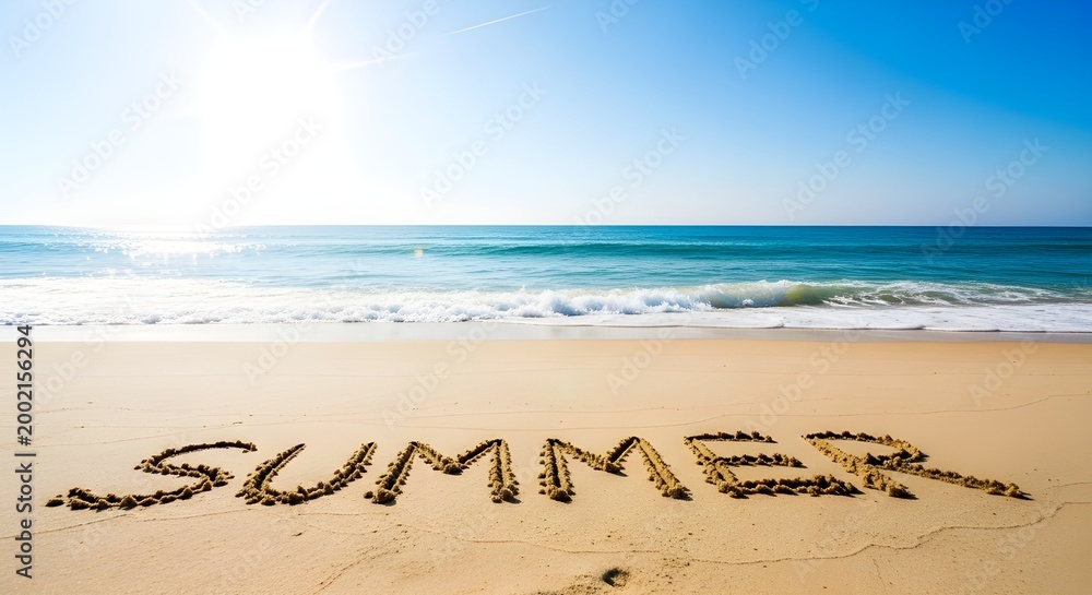 Fototapeta premium Golden beach summer vibes the word 'summer' is written in the sand with a beautiful ocean backdrop and bright sunlight