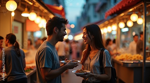 A mixed-race young couple explores a vibrant street food market in a Southeast Asian city at dusk. Warm string lights and neon signs illuminate steaming food stalls, colorful textiles, and bustling cr