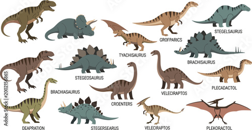 Fotografie Jurassic Period Dinosaur Cartoon Vector Illustration Set with Tyrannosaurus Steg