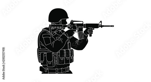 armed soldier silhouette holding rifle in combat stance silhouette high quality professional detailed modern elegant stylish clean crisp vibrant colorful digital