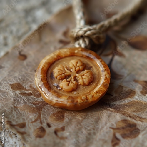 Vintage brown wax seal attached to string on textured paper, AI-generated.