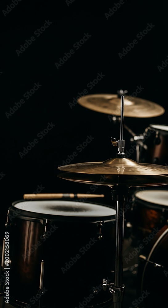 Obraz premium Drums on Stage With Cymbals and Wood Sticks Ready for a Live Performance in a Dark Setting