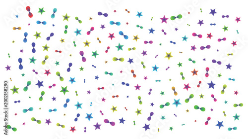 multicolor star confetti floating shiny gradient particles arranged in dynamic random pattern for party celebration packaging textile print