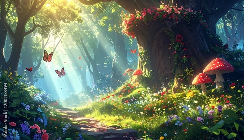 Lush fairytale forest with sunbeams, butterflies, flowers, and mushrooms lining a path