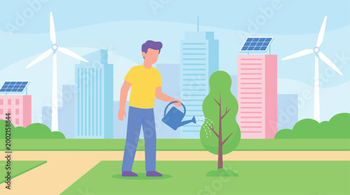 Man Watering Tree in Sustainable Green City with Wind Turbines and Solar Panels for Environmental Conservation Concept