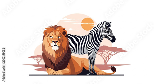 Majestic Lion and Zebra Together in African Savannah Scene.