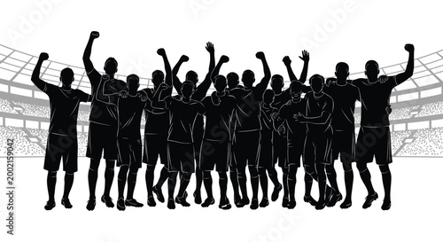 group of soccer players celebrating victory in stadium silhouette high quality professional detailed modern elegant stylish clean crisp vibrant colorful digital