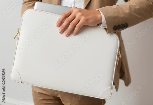 Businessman holding white laptop sleeve case, ai generated. Close up of man holds computer cover, grey background. Modern professional lifestyle, technology protection, office work concept.