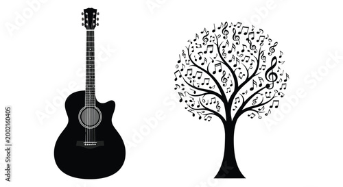 acoustic guitar and music tree silhouette high quality professional detailed modern elegant stylish clean crisp vibrant colorful digital creative innovative contemporary