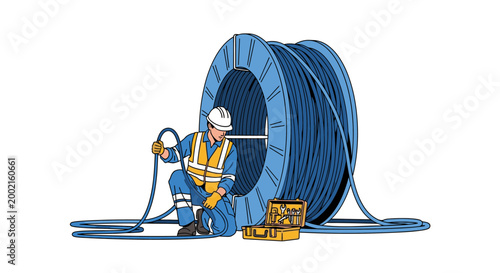 Construction worker in hard hat and vest handling a large industrial cable spool with tools nearby