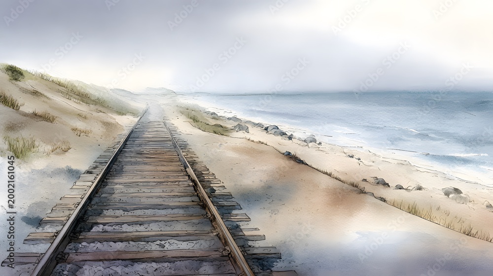 Fototapeta premium Serene watercolor railway illustration blending sea dunes and rails a tranquil coastal landscape