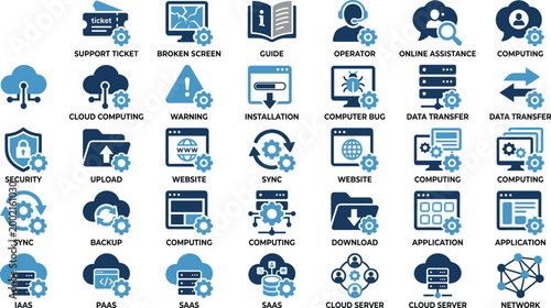 Comprehensive Blue Technical Support and Cloud Computing Icon Set Featuring Infrastructure as a Service Platform Software and Network Maintenance Elements