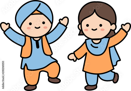 Schilderij op canvas Happy Punjabi Kids in Traditional Indian Outfits Cartoon Illustration