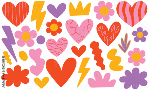 Canvastavla Colorful Heart Love Doodle Pattern with Flowers Lightning and Cute Shapes for Va