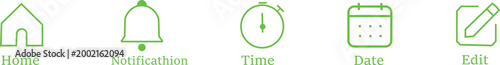 Green line icons for user interface elements like home notification time date and edit isolated on transparent background for digital design