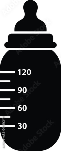 Baby feeding bottle icon silhouette with nipple and measurement markings flat vector
