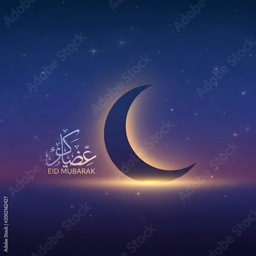 Eid crescent moon with arabic text and celebration message