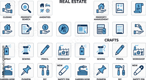 Comprehensive Set of Blue Real Estate and Crafts Icons Including Property Search Closing Management Workshop Tools Sewing and DIY Elements