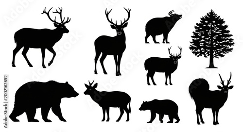 Collection of Animal Silhouettes Including Deer Bear and Tree.