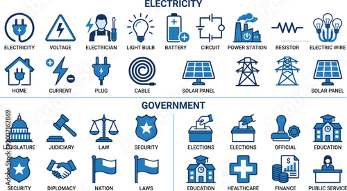 Comprehensive Vector Icon Set Featuring Electrical Energy Infrastructure Industrial Power Symbols and Government Public Service Legislation and Community Graphic Elements